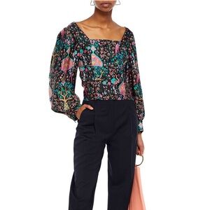 Sandro Ivea Cropped Gathered Printed Silk Blouse